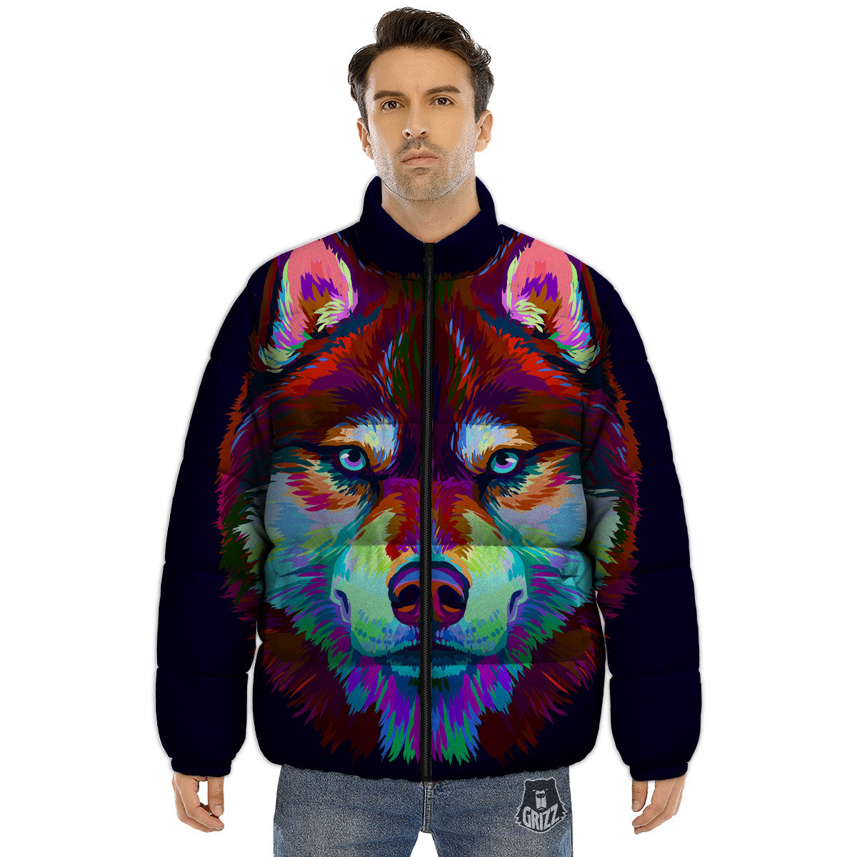 Portrait Siberian Husky Print Puffer Jacket-grizzshop