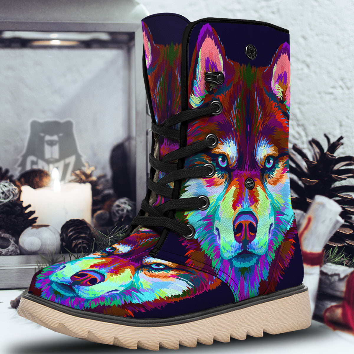 Portrait Siberian Husky Print Snow Boots-grizzshop