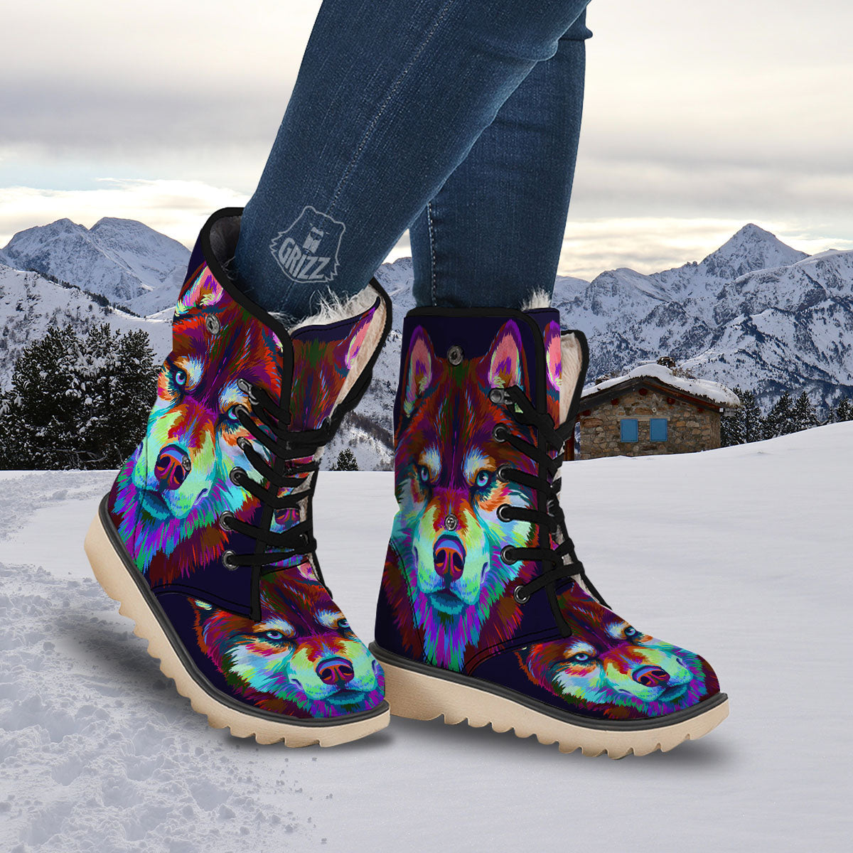 Portrait Siberian Husky Print Snow Boots-grizzshop