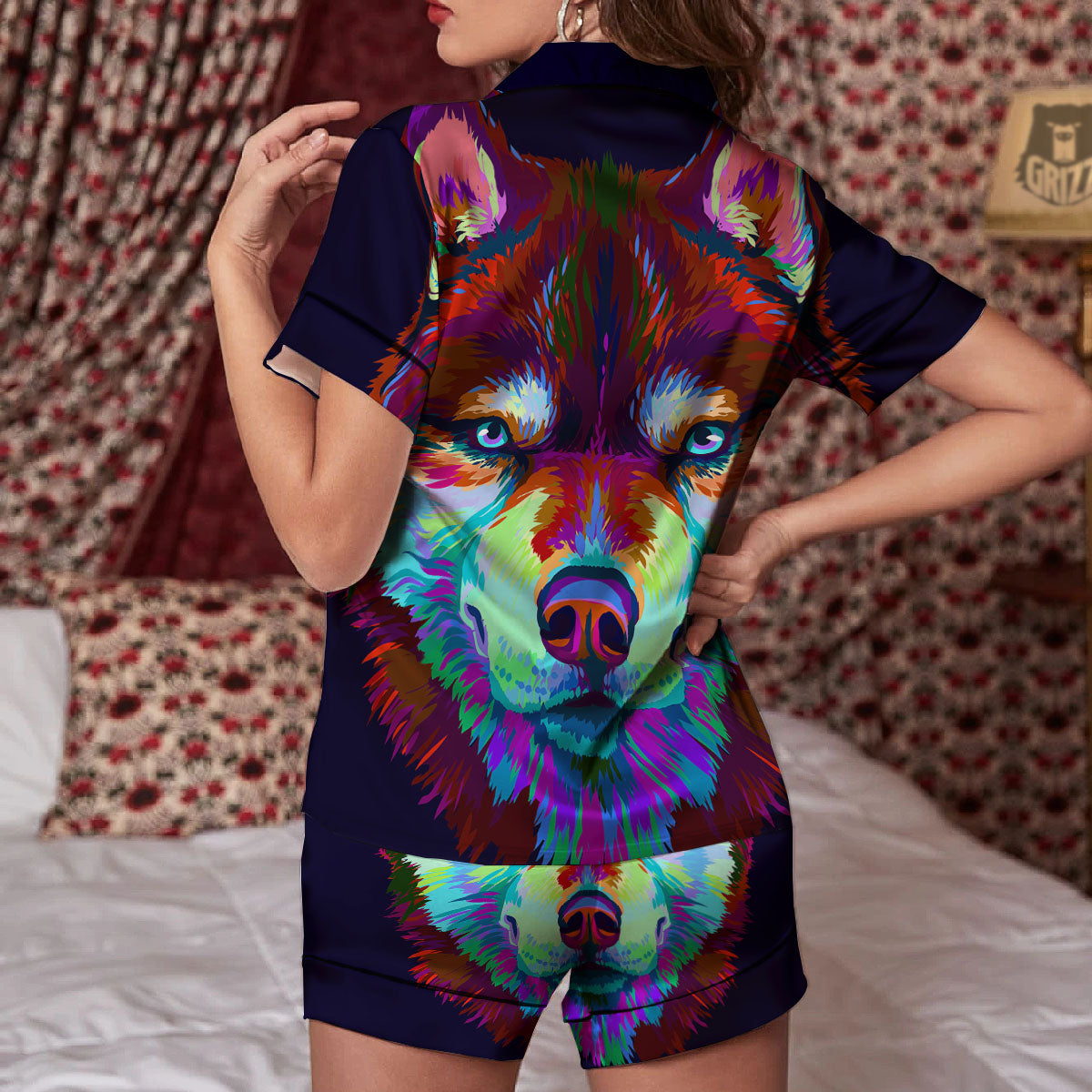 Portrait Siberian Husky Print Women Silk Pajamas-grizzshop