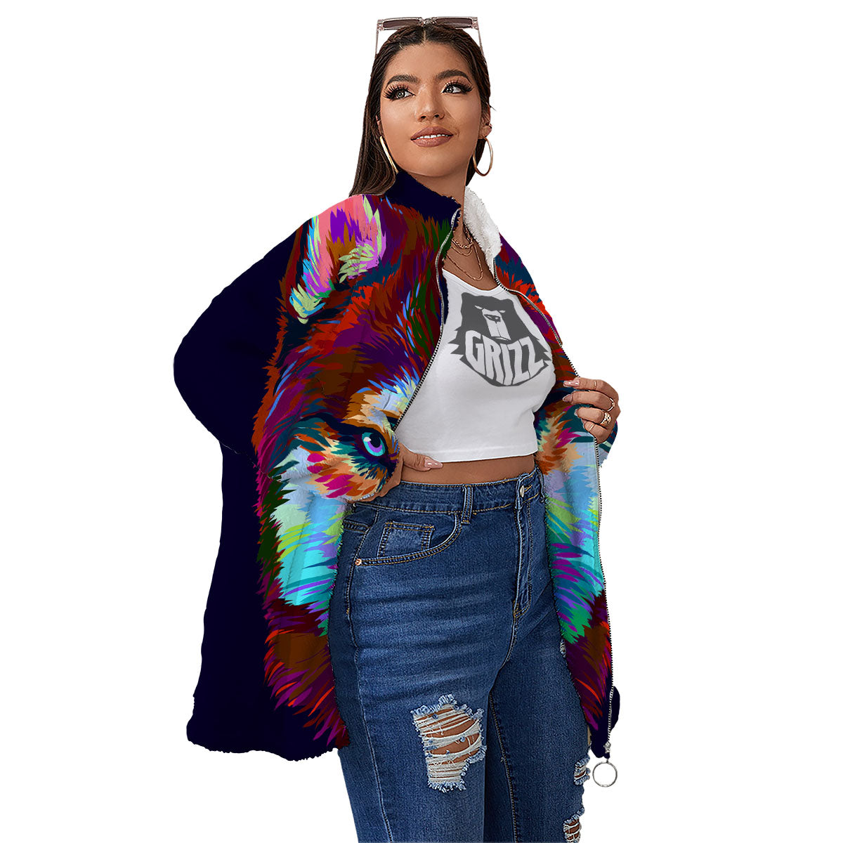 Portrait Siberian Husky Print Women's Sherpa Jacket-grizzshop
