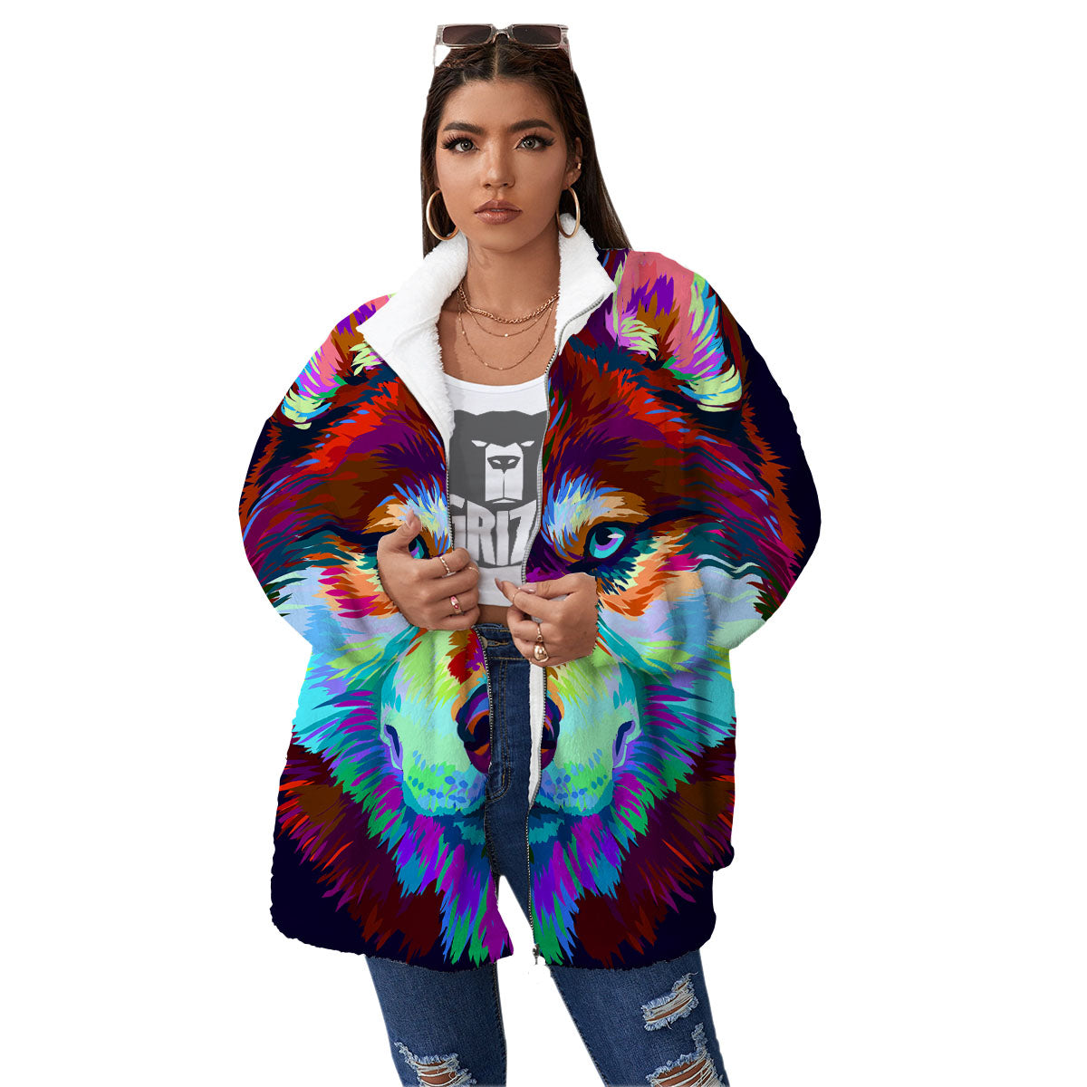 Portrait Siberian Husky Print Women's Sherpa Jacket-grizzshop
