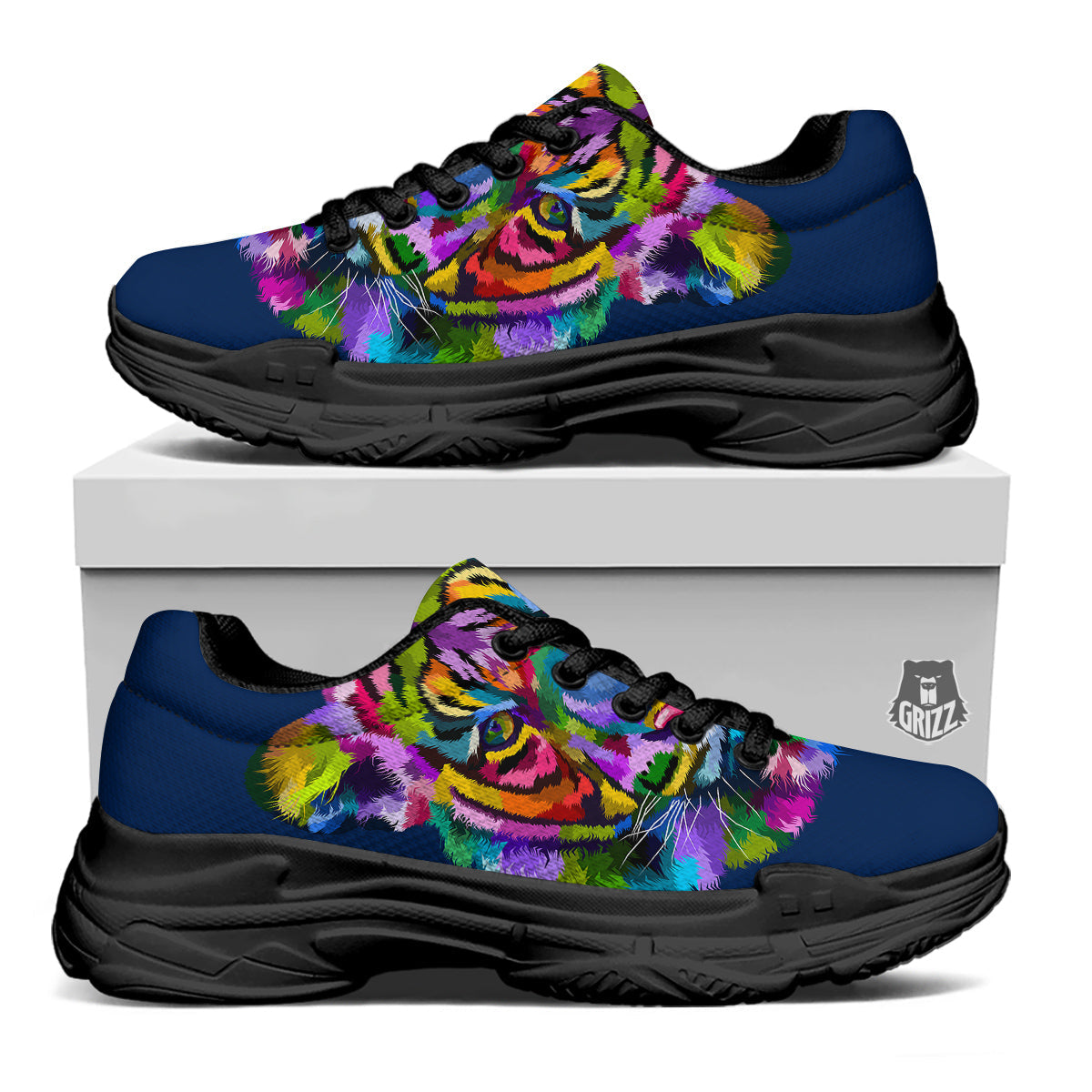Portrait Tiger Colorful Print Black Chunky Shoes-grizzshop