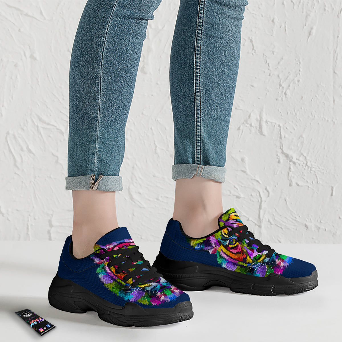 Portrait Tiger Colorful Print Black Chunky Shoes-grizzshop