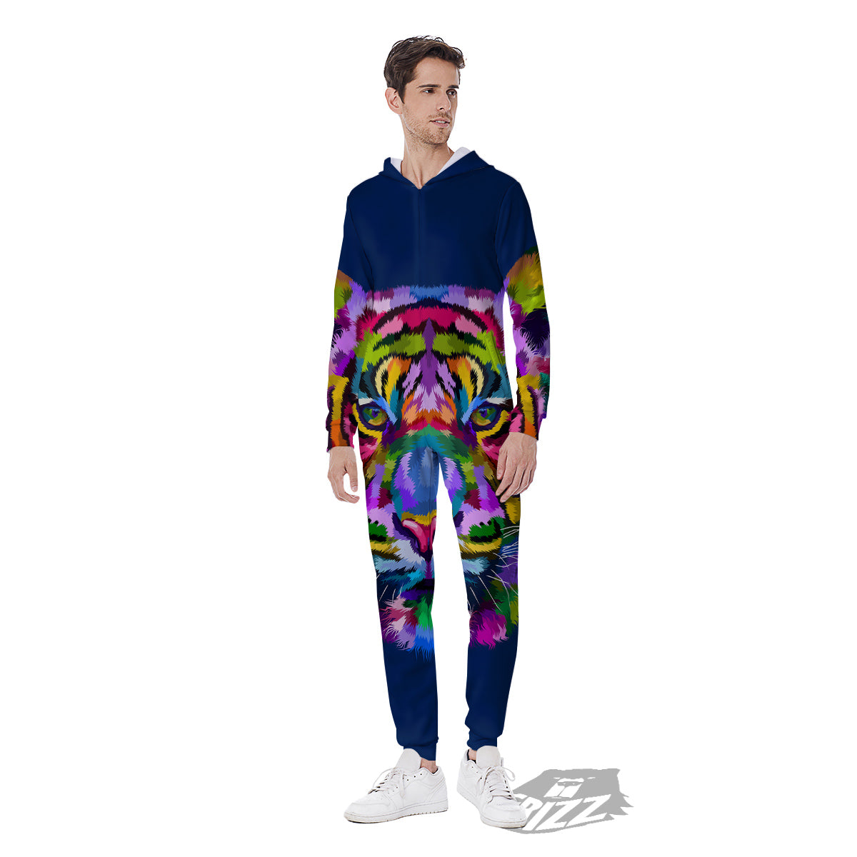 Portrait Tiger Colorful Print Men's Jumpsuit-grizzshop
