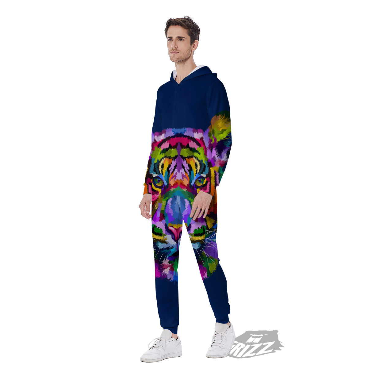 Portrait Tiger Colorful Print Men's Jumpsuit-grizzshop