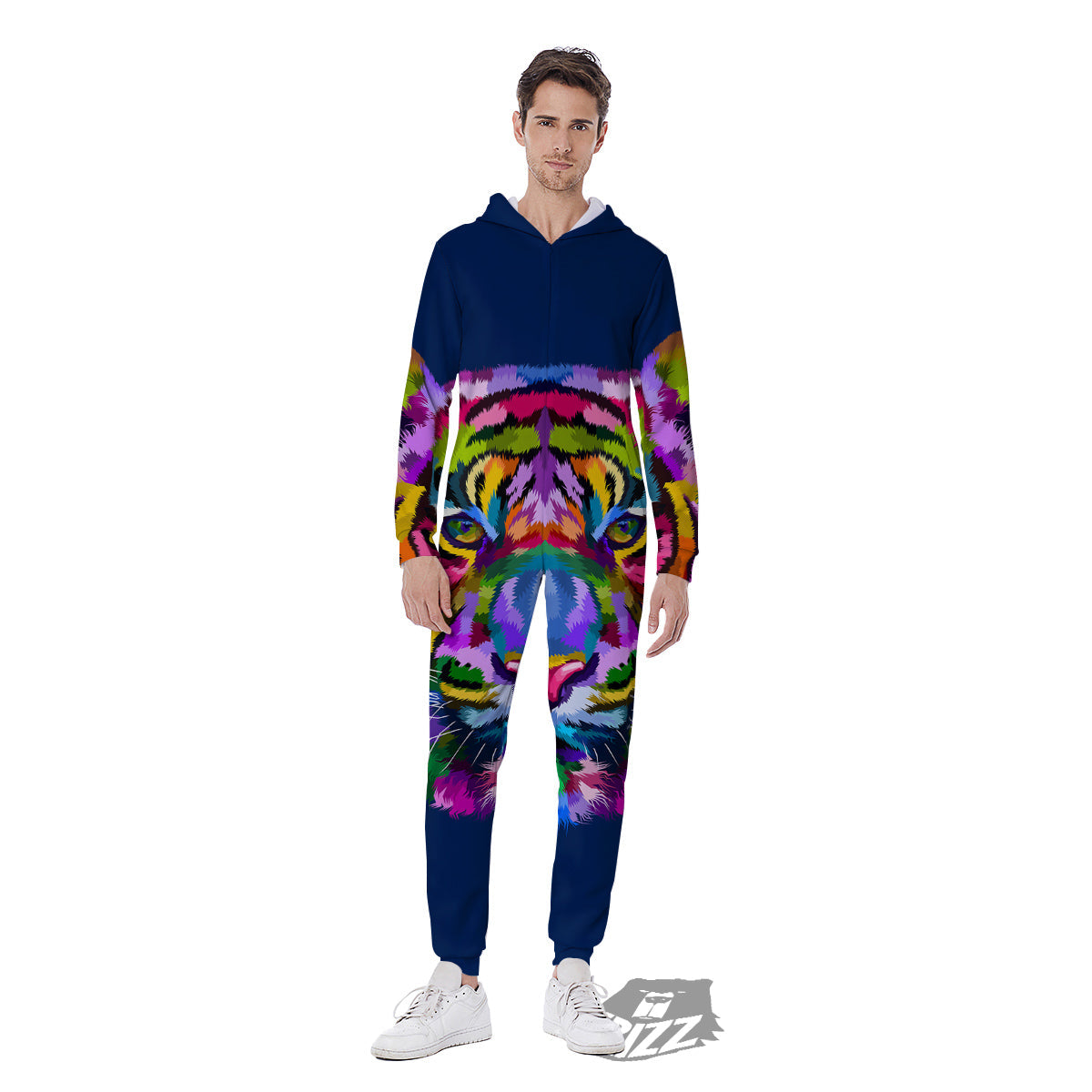 Portrait Tiger Colorful Print Men's Jumpsuit-grizzshop