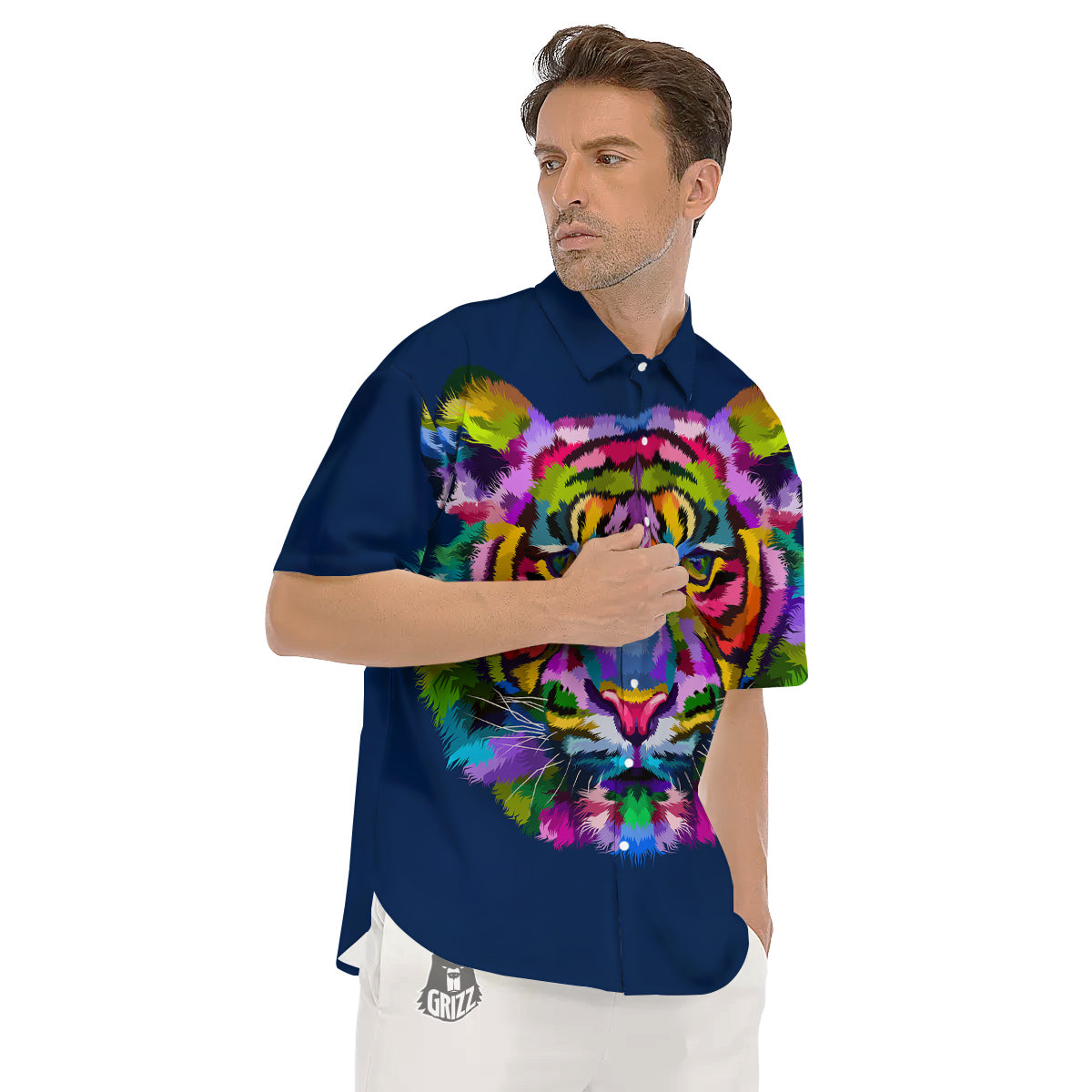 Portrait Tiger Colorful Print Men's Short Sleeve Shirts-grizzshop