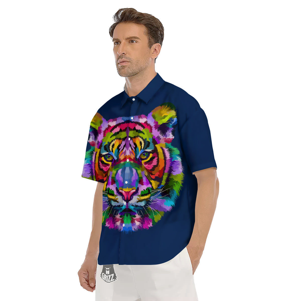 Portrait Tiger Colorful Print Men's Short Sleeve Shirts-grizzshop