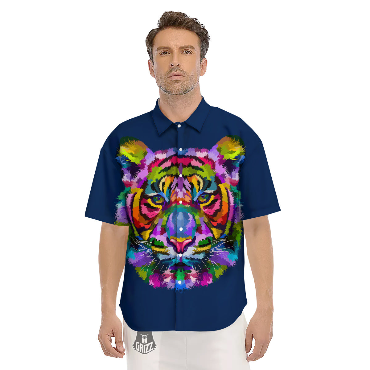 Portrait Tiger Colorful Print Men's Short Sleeve Shirts-grizzshop