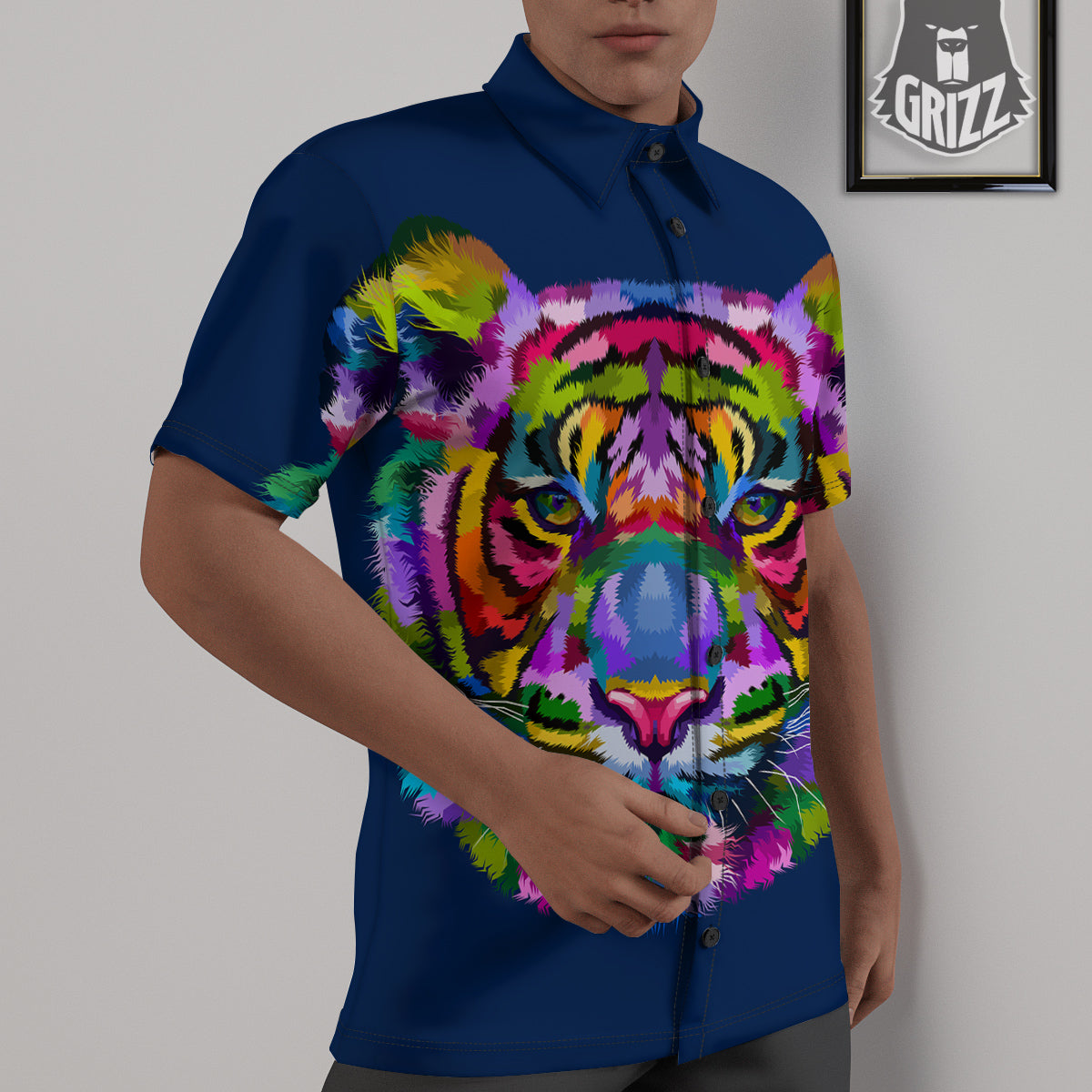 Portrait Tiger Colorful Print Untucked Shirts-grizzshop