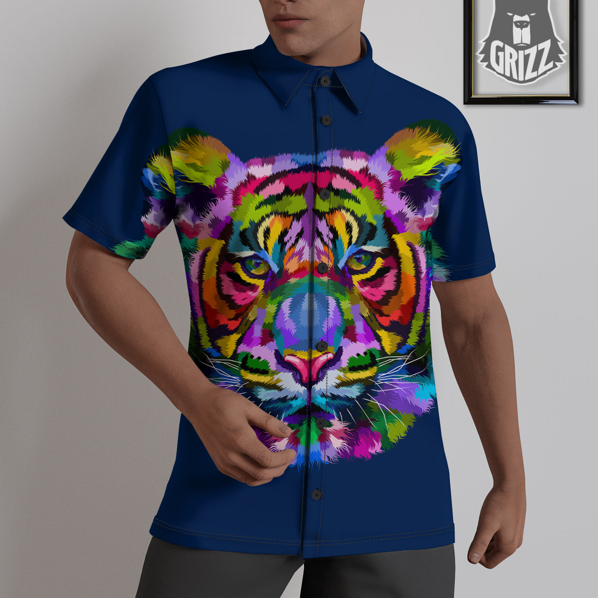 Portrait Tiger Colorful Print Untucked Shirts-grizzshop