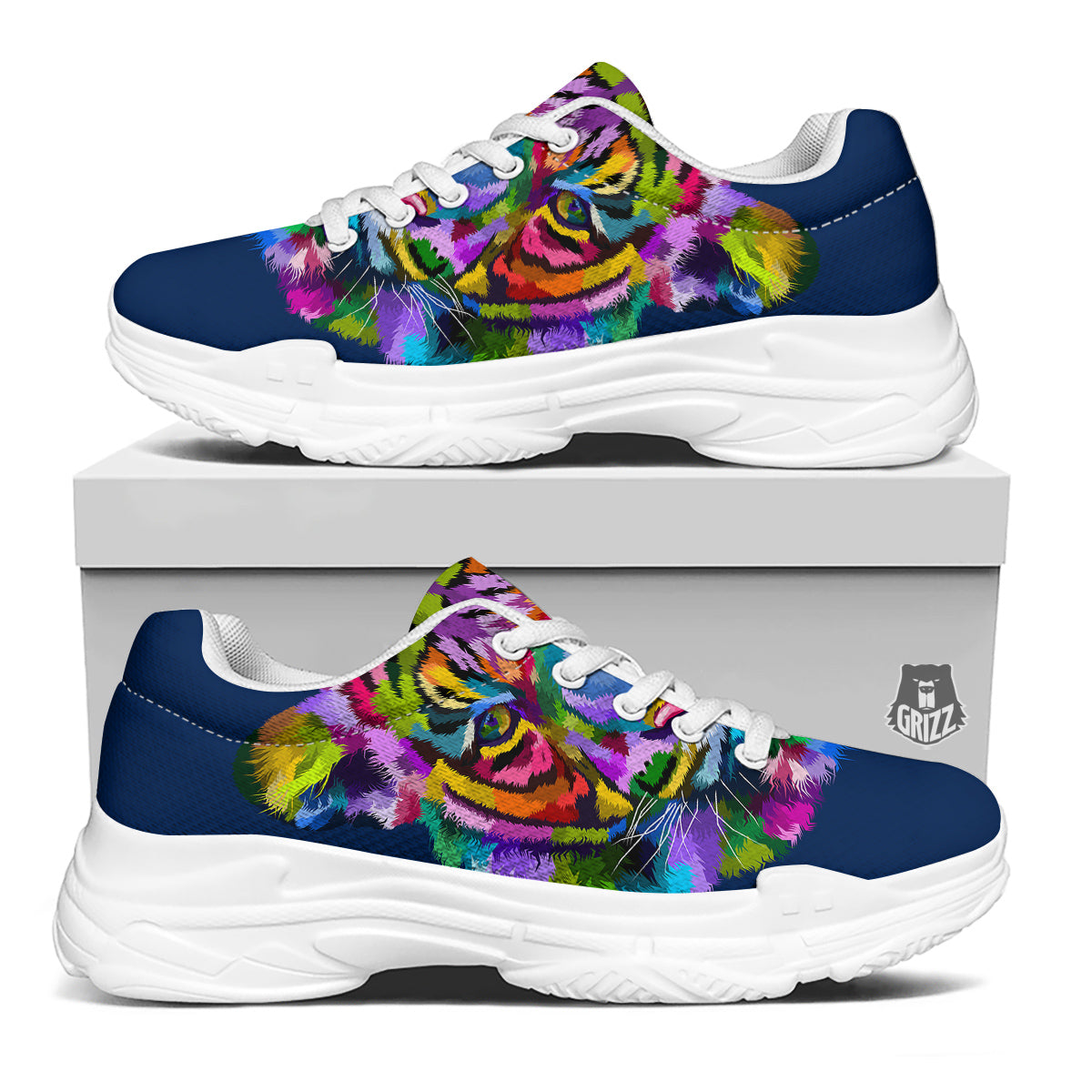 Portrait Tiger Colorful Print White Chunky Shoes-grizzshop