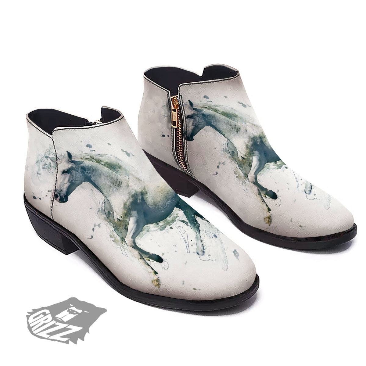 Portrait White Horse Print Ankle Boots-grizzshop