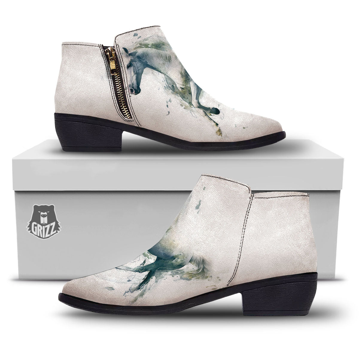 Portrait White Horse Print Ankle Boots-grizzshop