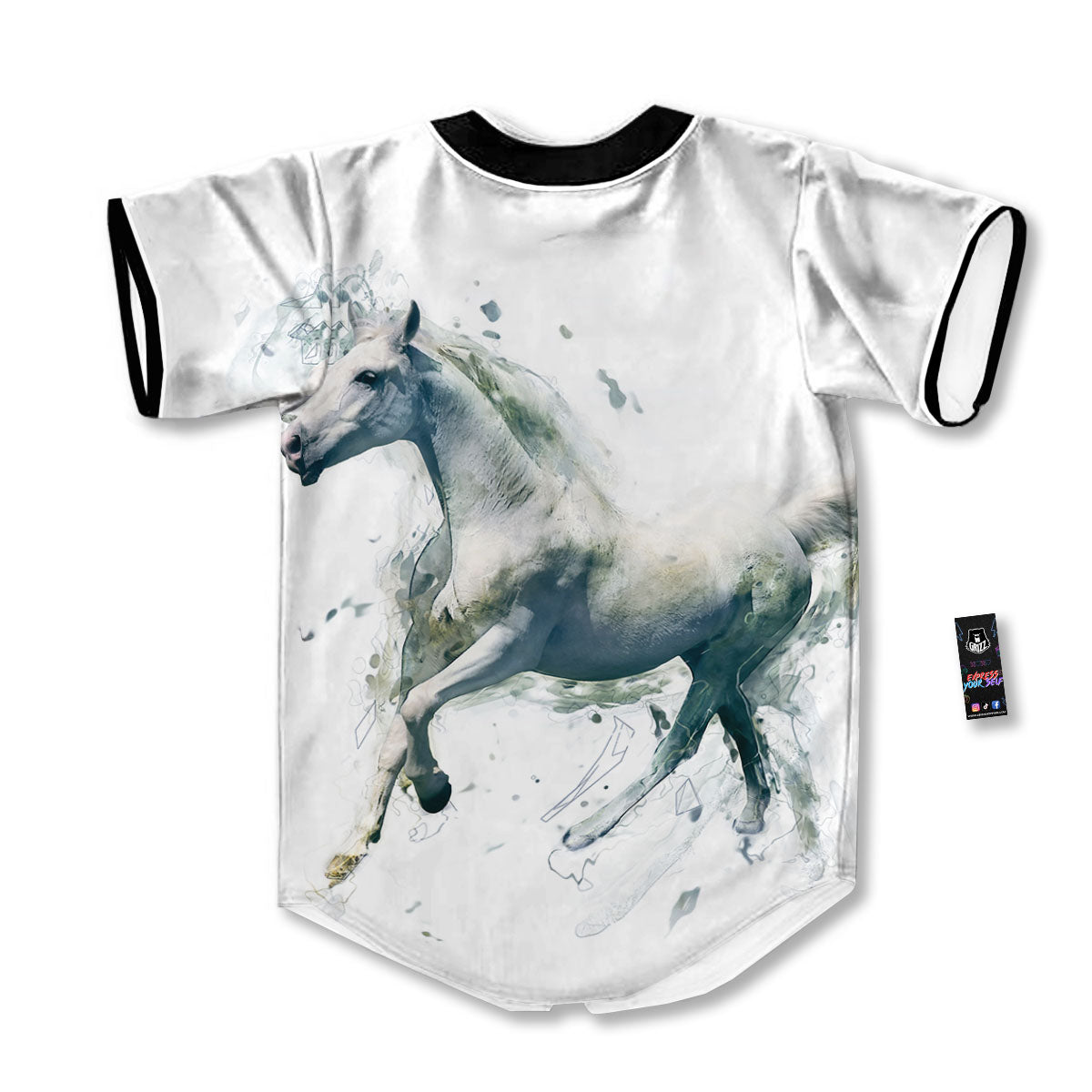 Portrait White Horse Print Baseball Jersey-grizzshop