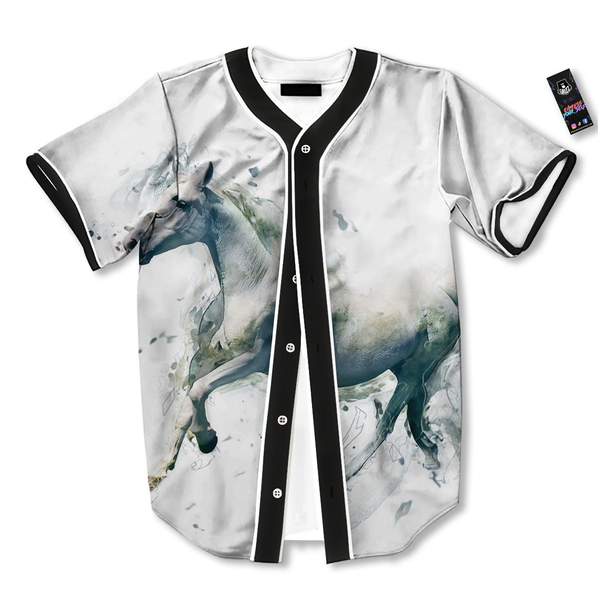 Portrait White Horse Print Baseball Jersey-grizzshop