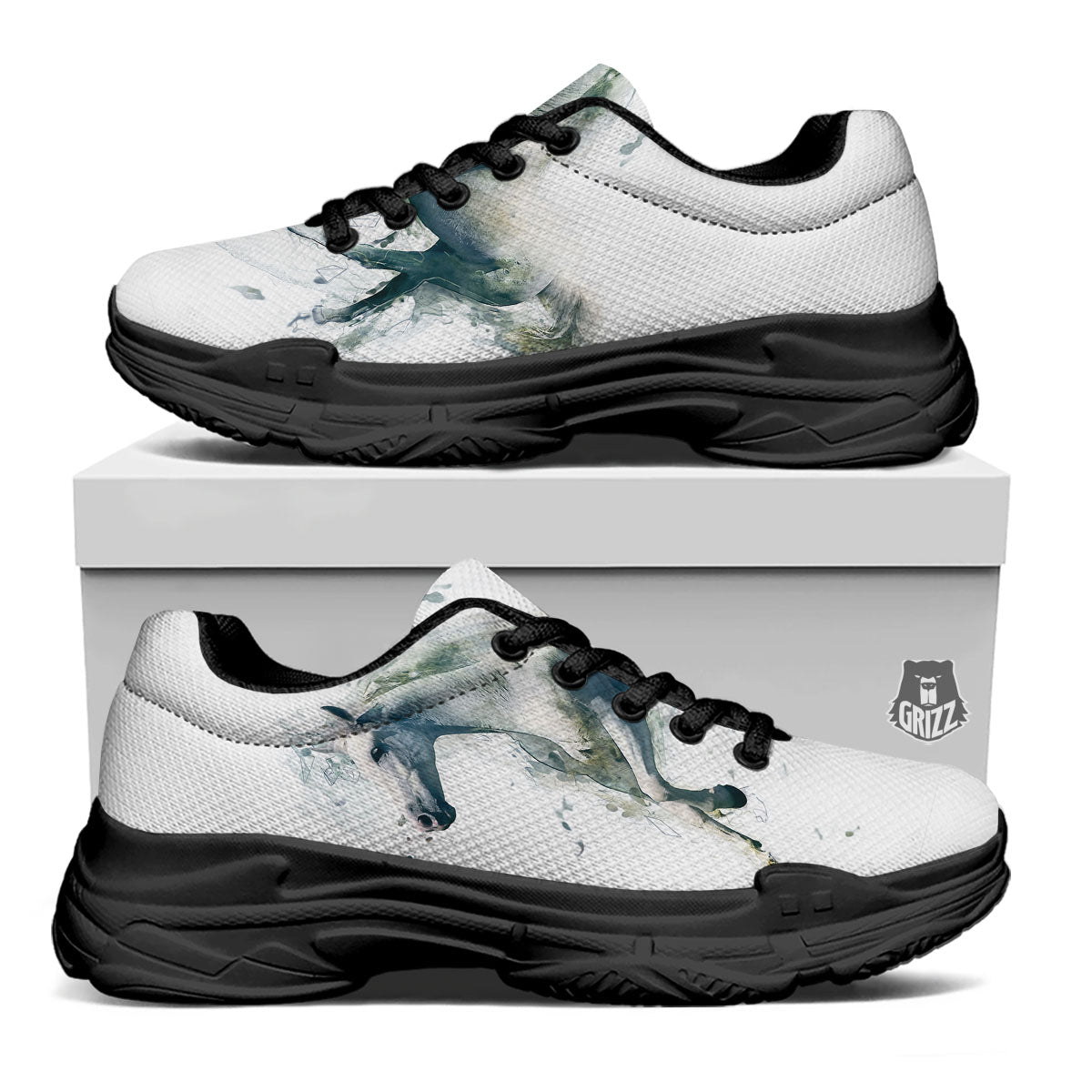 Portrait White Horse Print Black Chunky Shoes-grizzshop