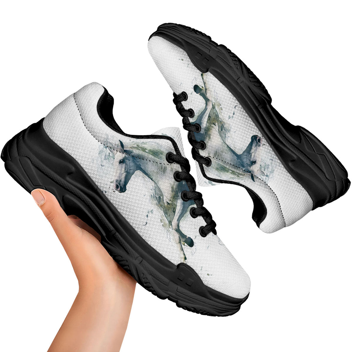 Portrait White Horse Print Black Chunky Shoes-grizzshop