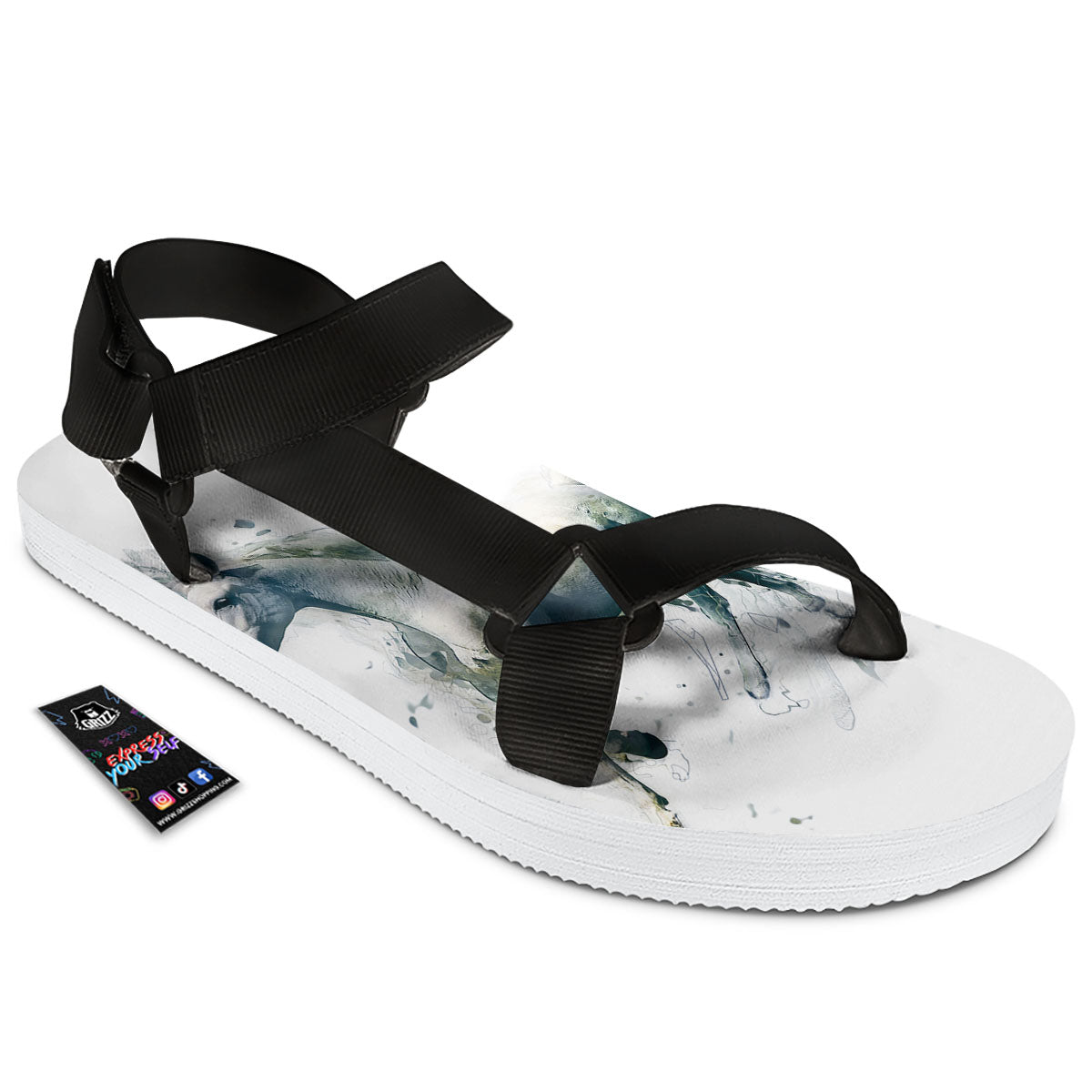 Portrait White Horse Print Black Open Toe Sandals-grizzshop