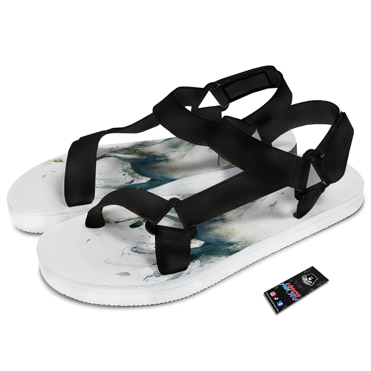 Portrait White Horse Print Black Open Toe Sandals-grizzshop