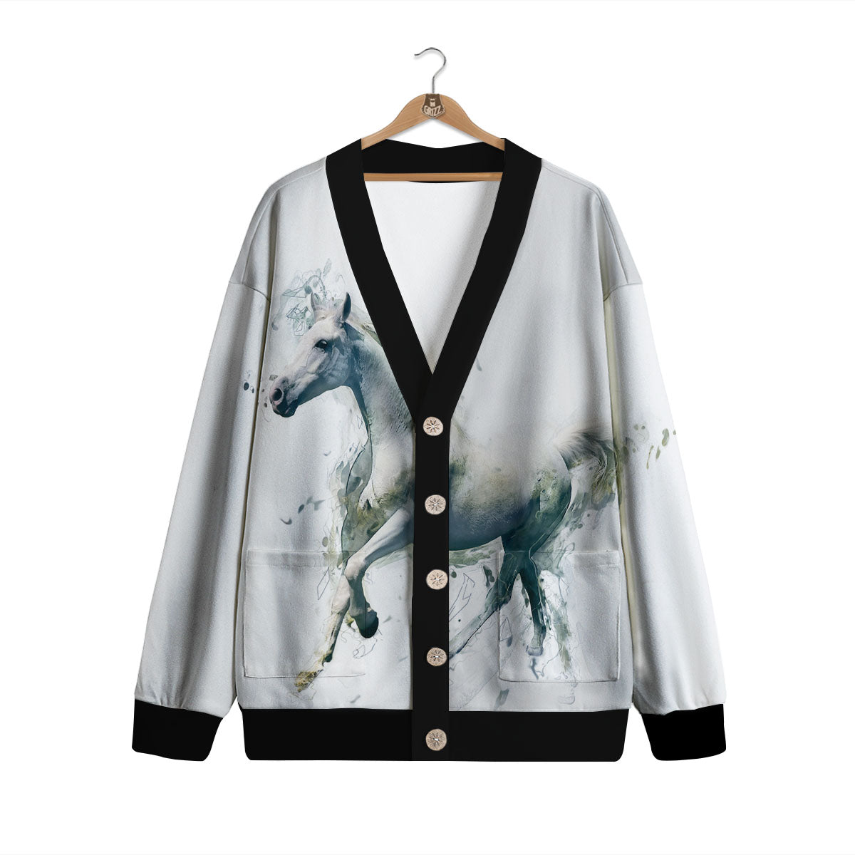 Portrait White Horse Print Cardigan-grizzshop