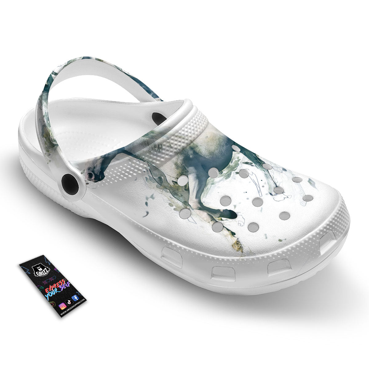 Portrait White Horse Print Clog-grizzshop