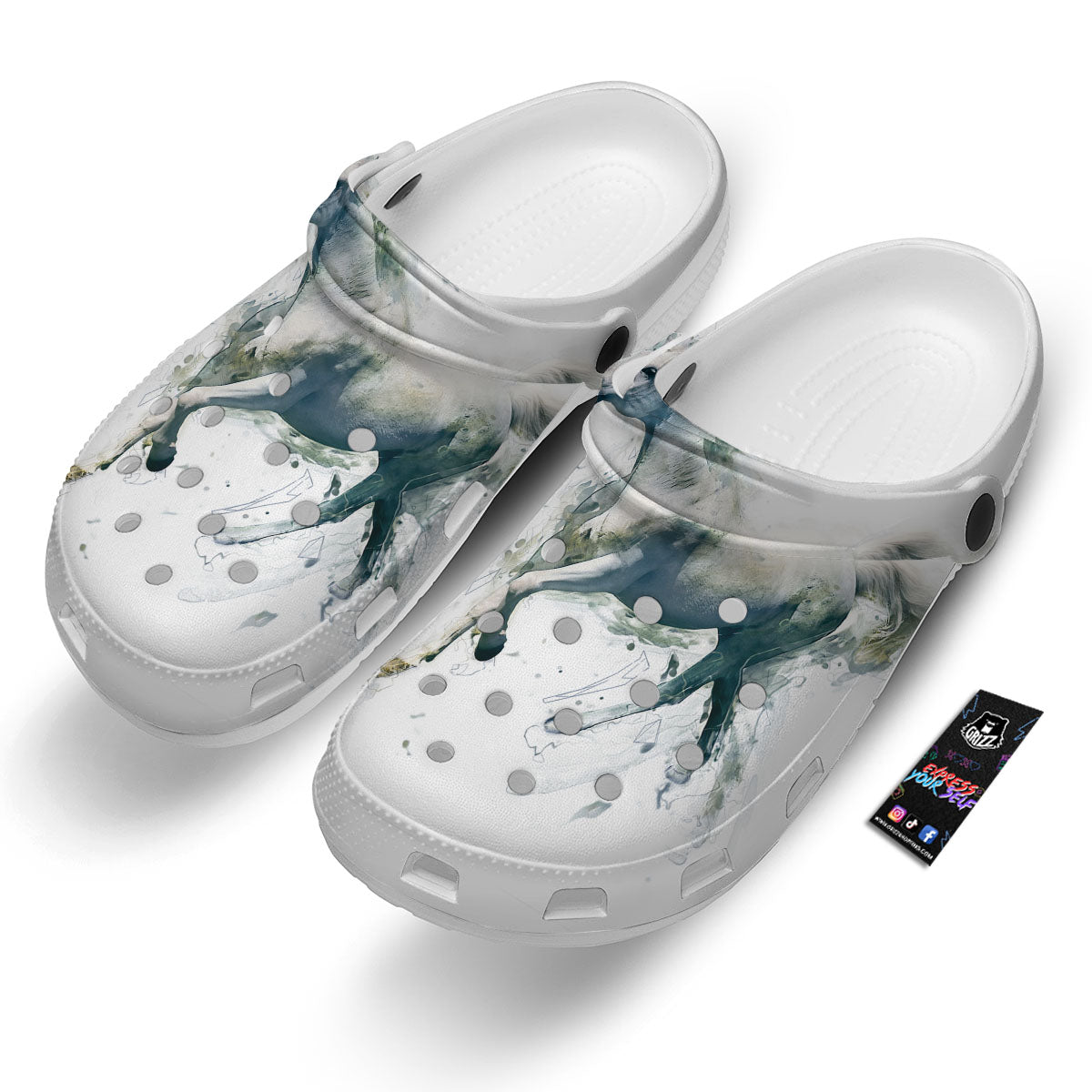 Portrait White Horse Print Clog-grizzshop