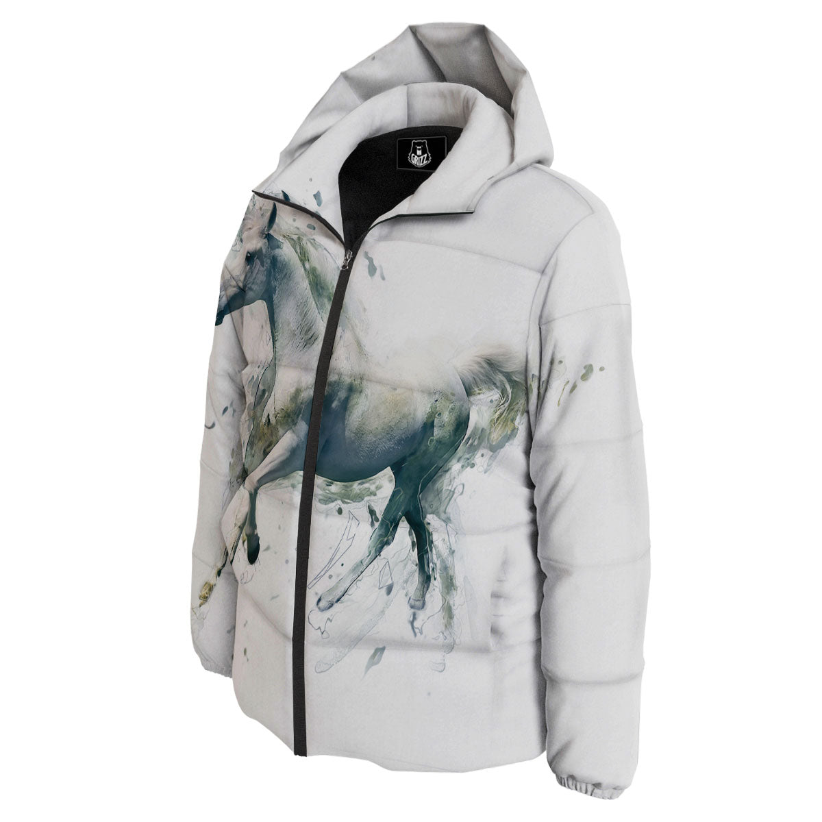 Portrait White Horse Print Down Jacket-grizzshop