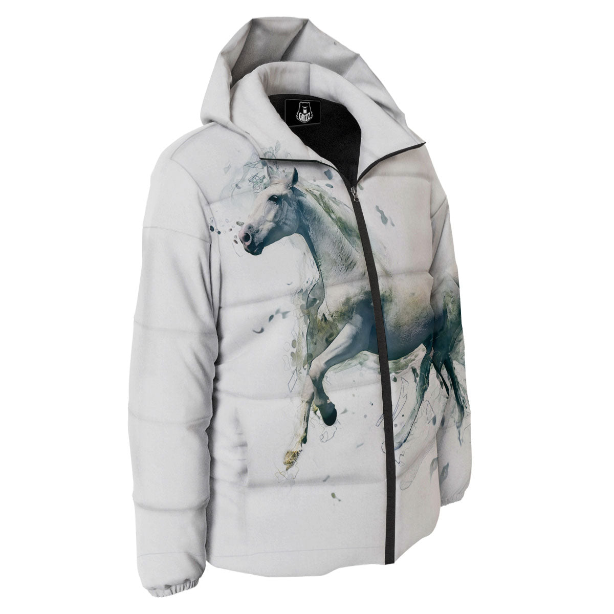 Portrait White Horse Print Down Jacket-grizzshop