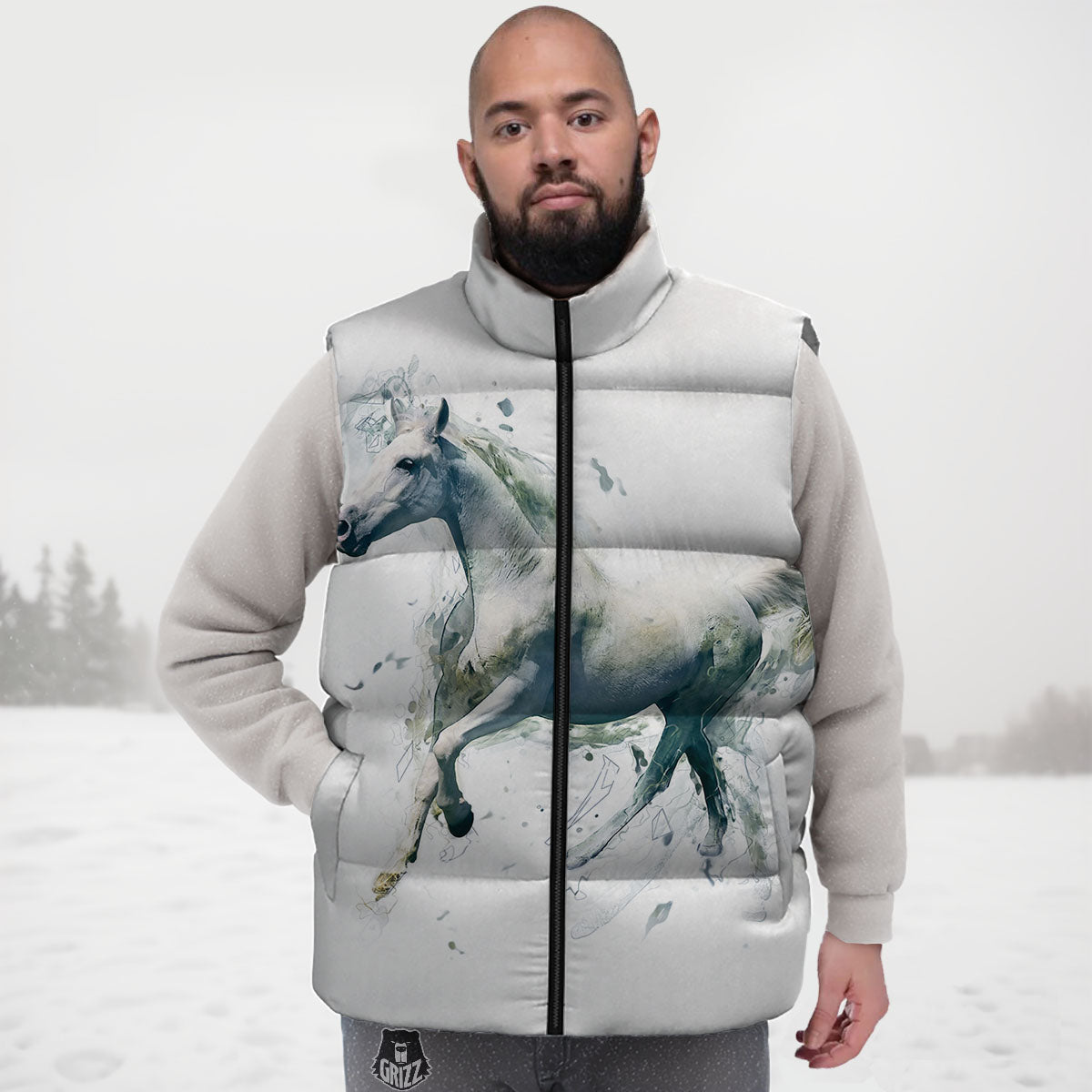 Portrait White Horse Print Down Vest