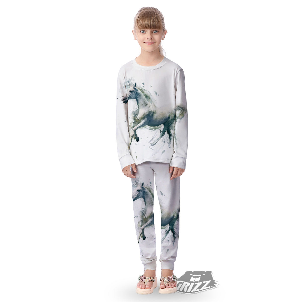 Portrait White Horse Print Kid's Pajamas-grizzshop