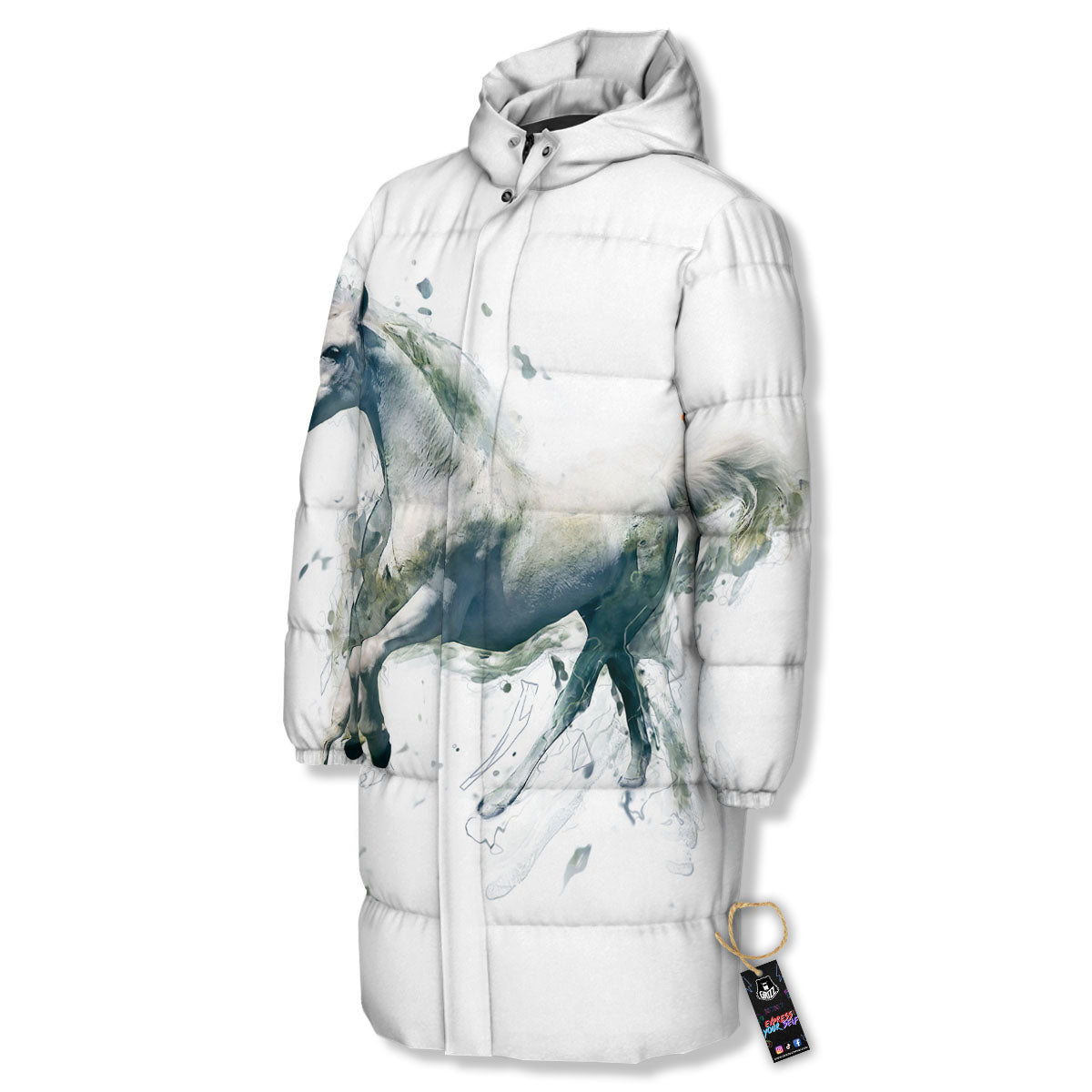 Portrait White Horse Print Long Down Jacket-grizzshop