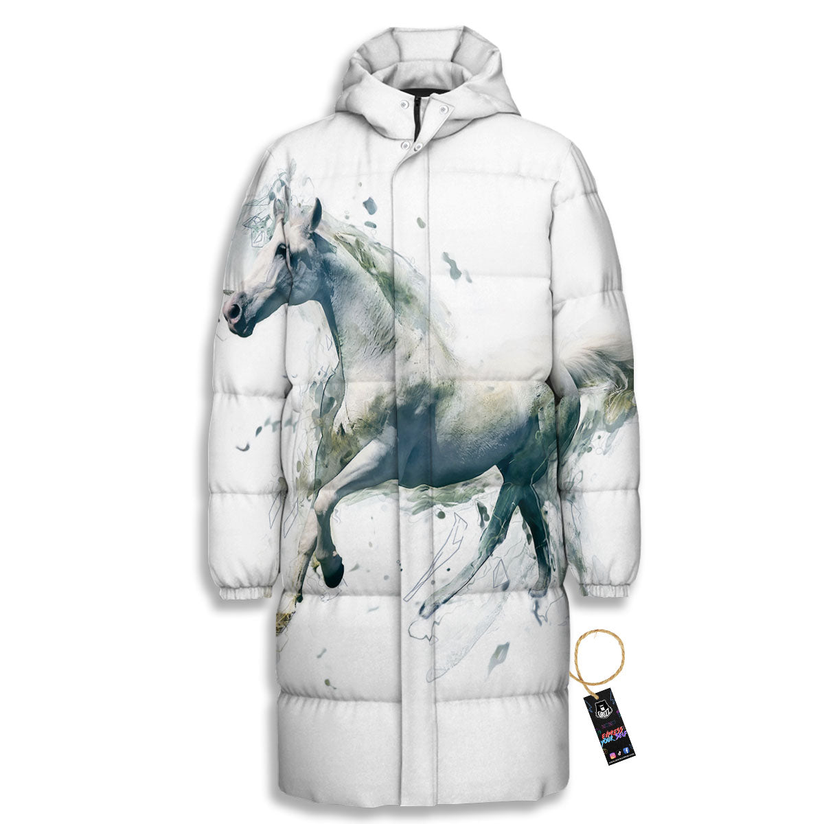 Portrait White Horse Print Long Down Jacket-grizzshop