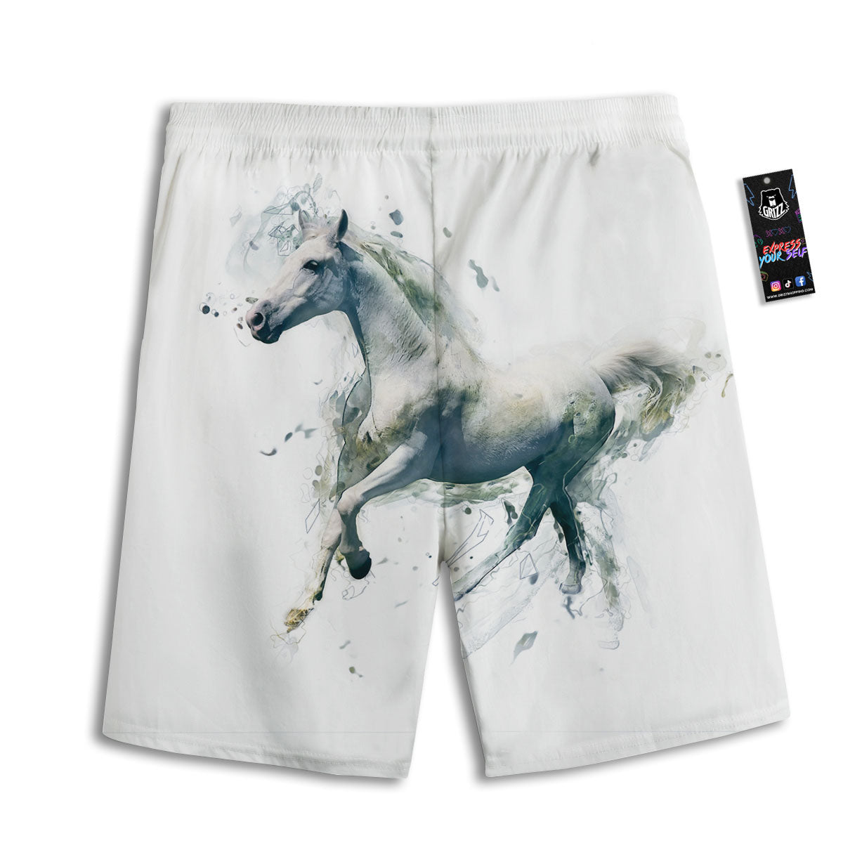 Portrait White Horse Print Men's Athletic Shorts