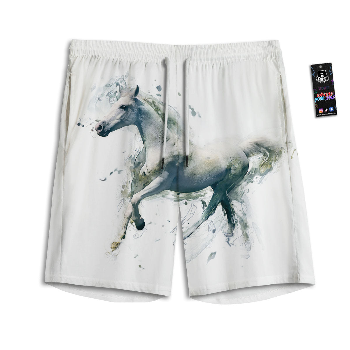 Portrait White Horse Print Men's Athletic Shorts