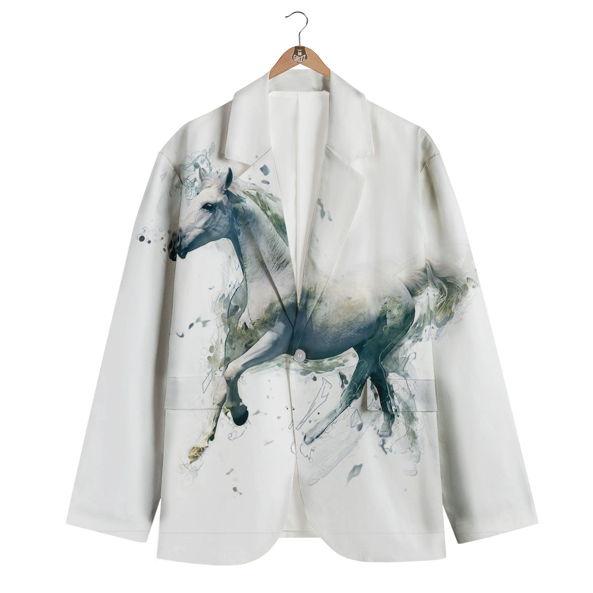 Portrait White Horse Print Men's Blazer-grizzshop