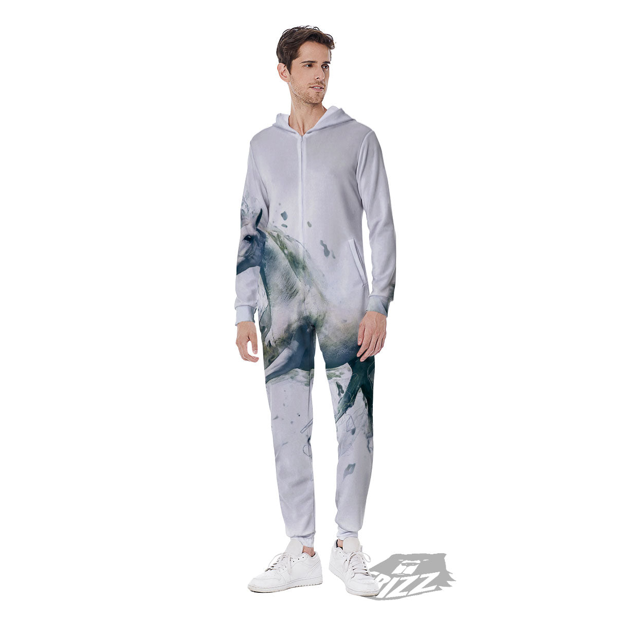 Portrait White Horse Print Men's Jumpsuit-grizzshop