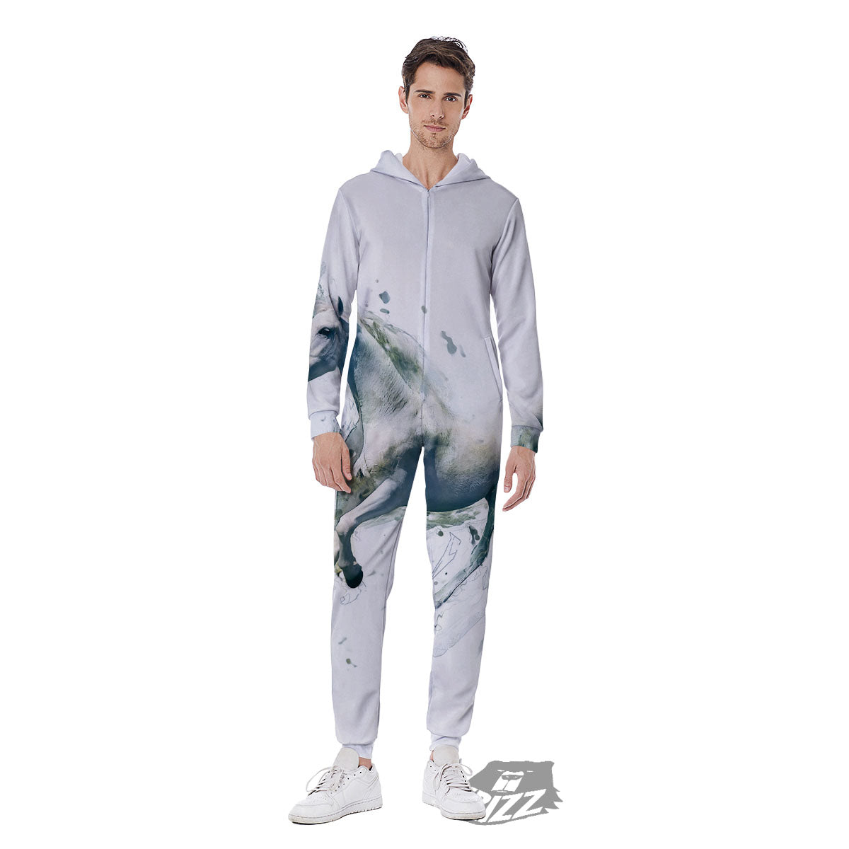 Portrait White Horse Print Men's Jumpsuit-grizzshop