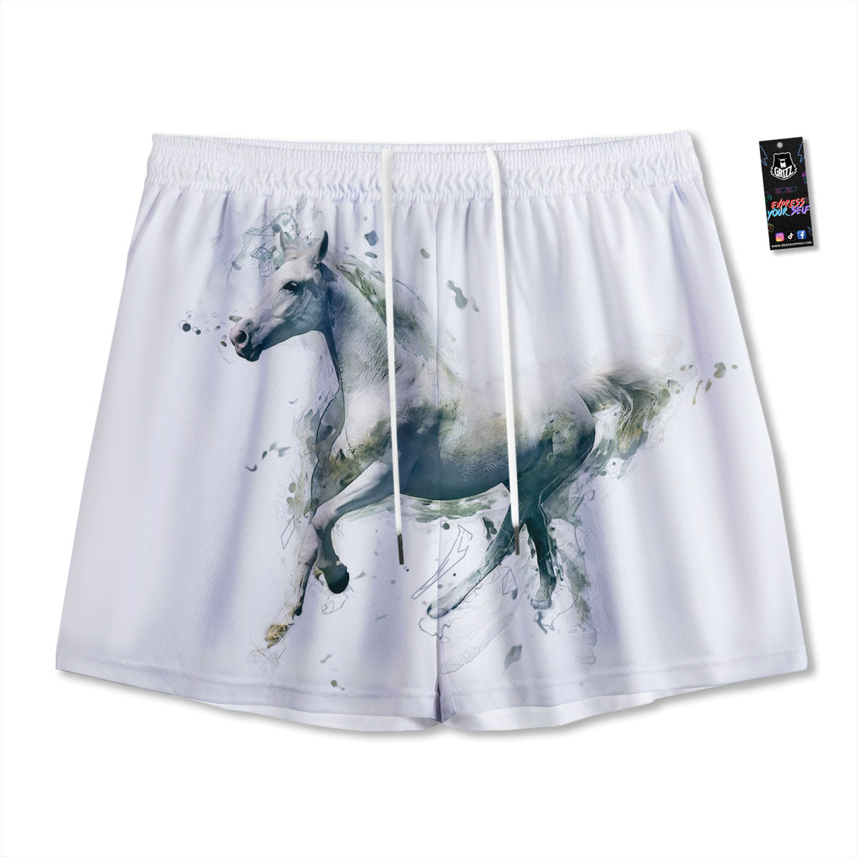 Portrait White Horse Print Mesh Shorts