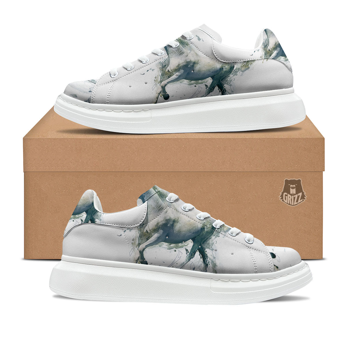 Portrait White Horse Print Platform Shoes-grizzshop