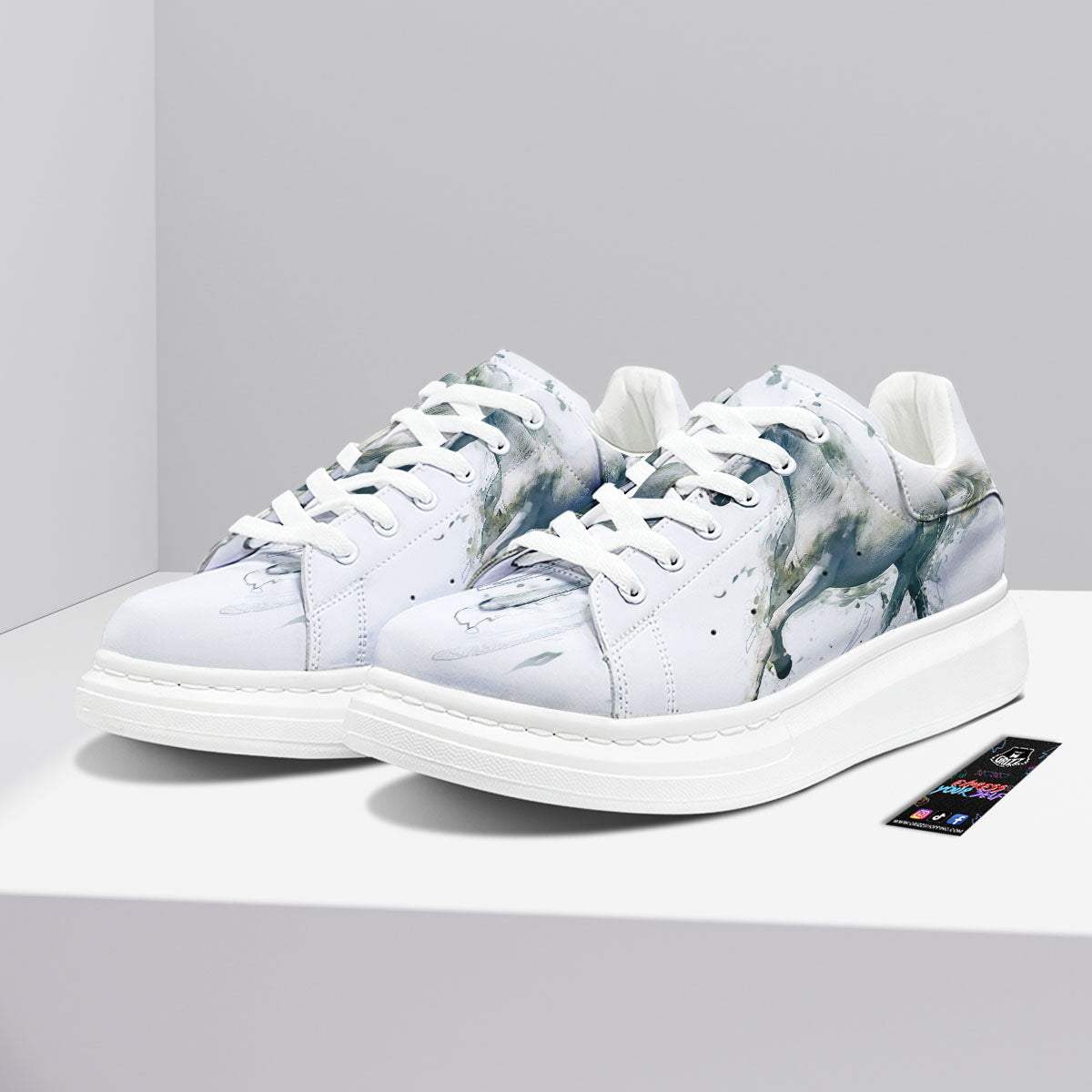 Portrait White Horse Print Platform Shoes-grizzshop