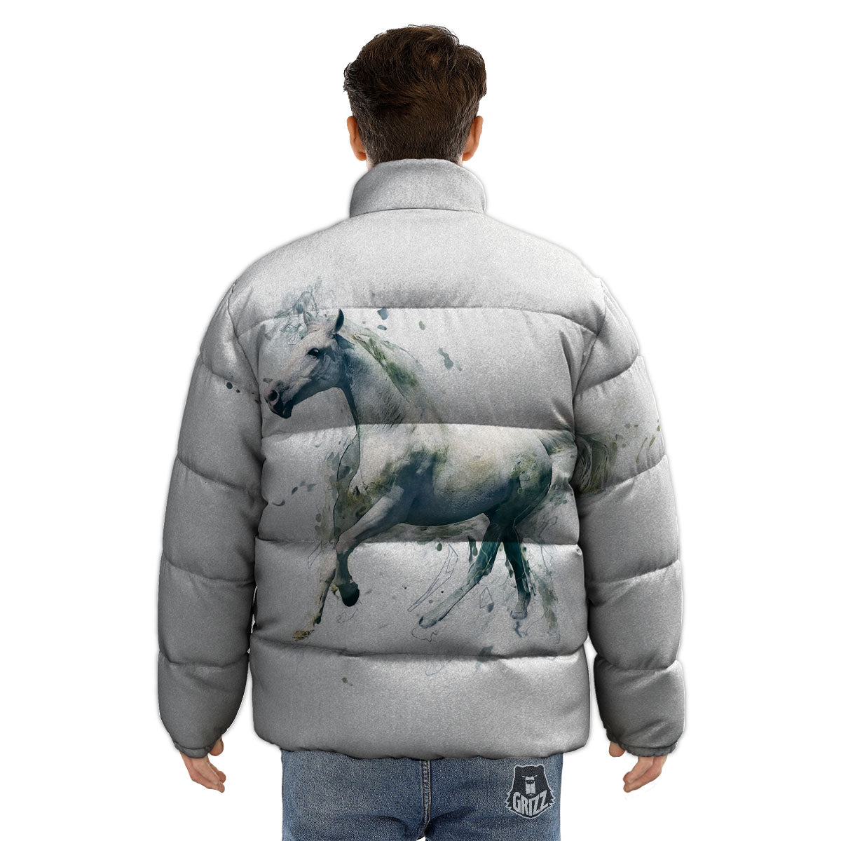 Portrait White Horse Print Puffer Jacket-grizzshop