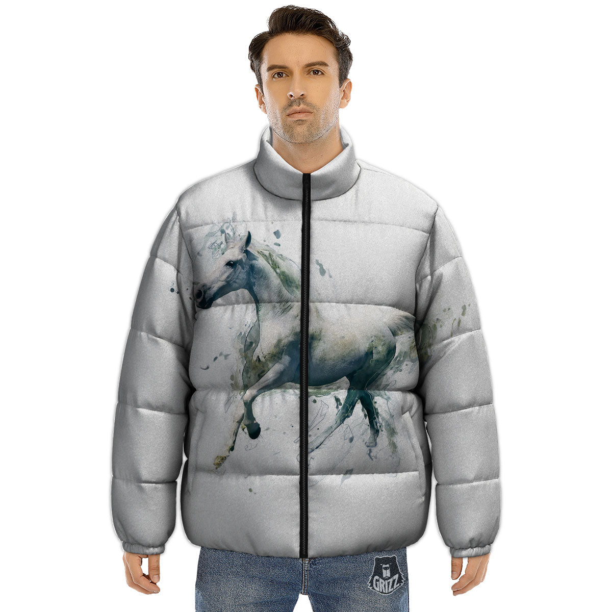 Portrait White Horse Print Puffer Jacket-grizzshop