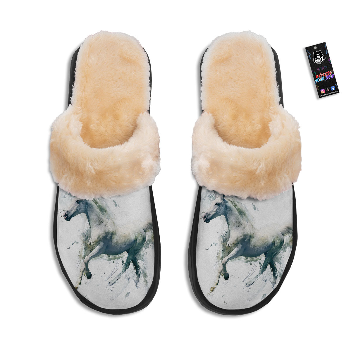 Portrait White Horse Print Slippers-grizzshop