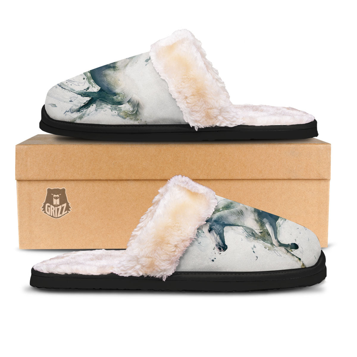Portrait White Horse Print Slippers-grizzshop