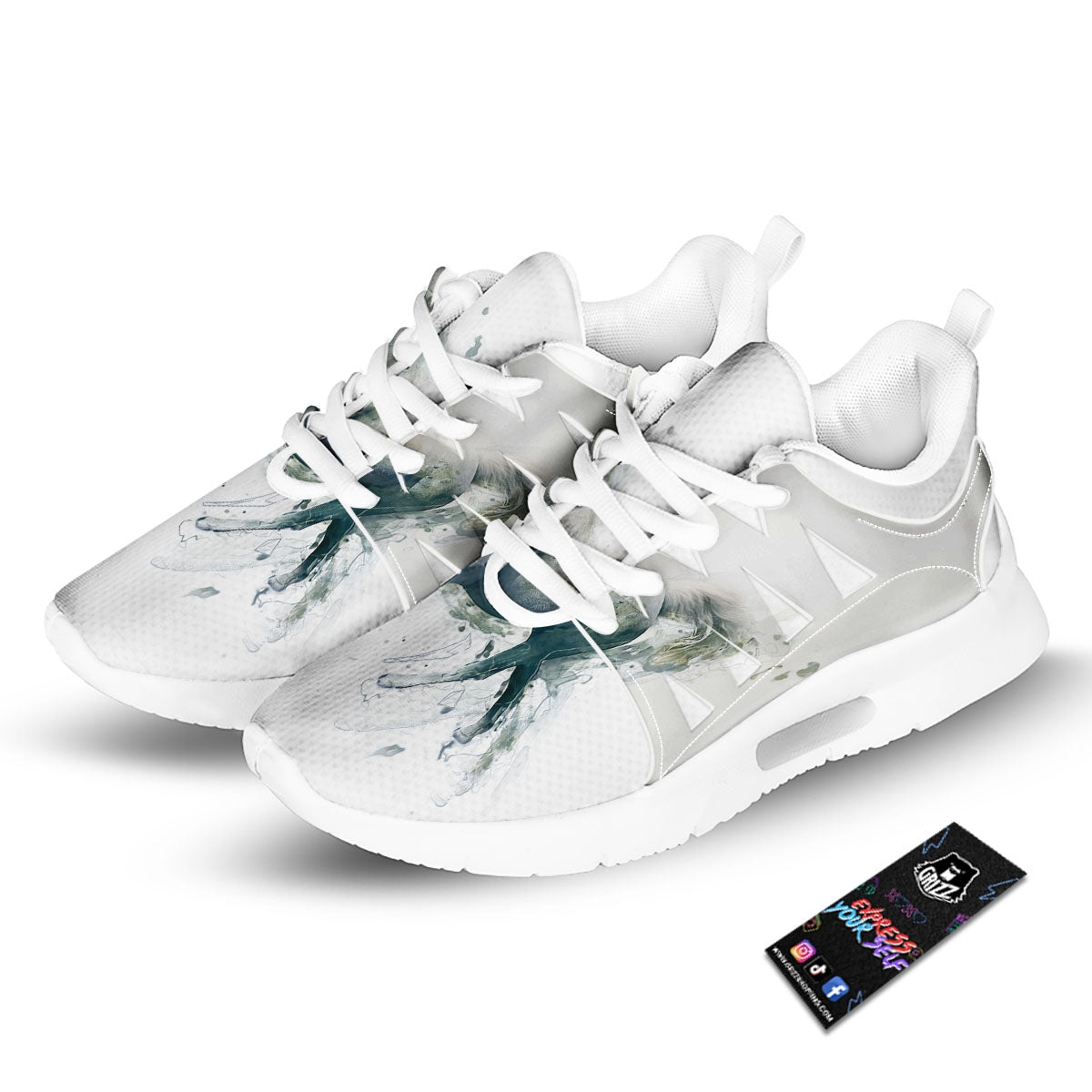 Portrait White Horse Print Tennis Shoes-grizzshop
