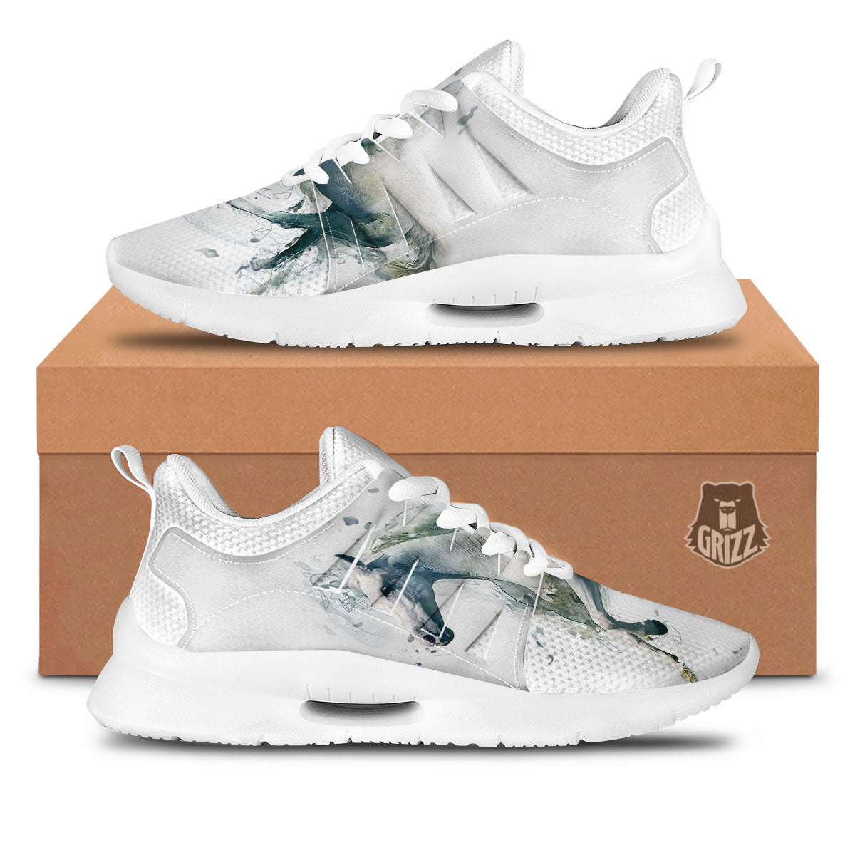 Portrait White Horse Print Tennis Shoes-grizzshop