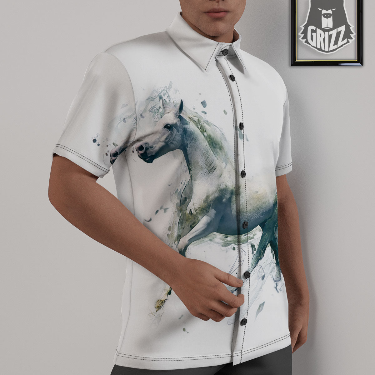 Portrait White Horse Print Untucked Shirts-grizzshop