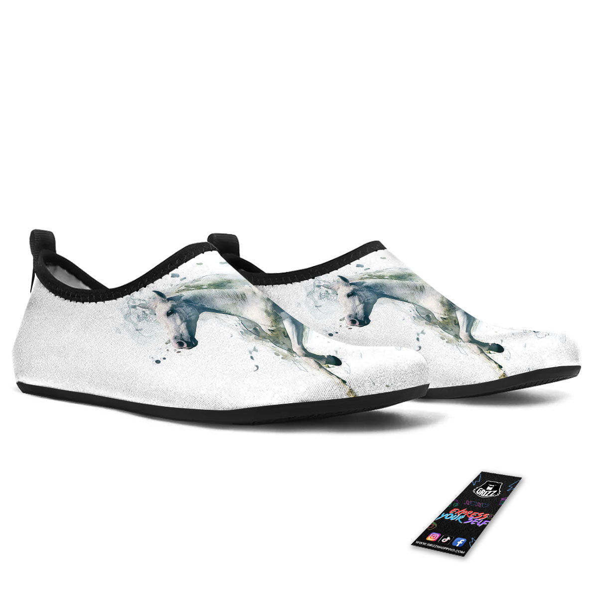 Portrait White Horse Print Water Shoes-grizzshop